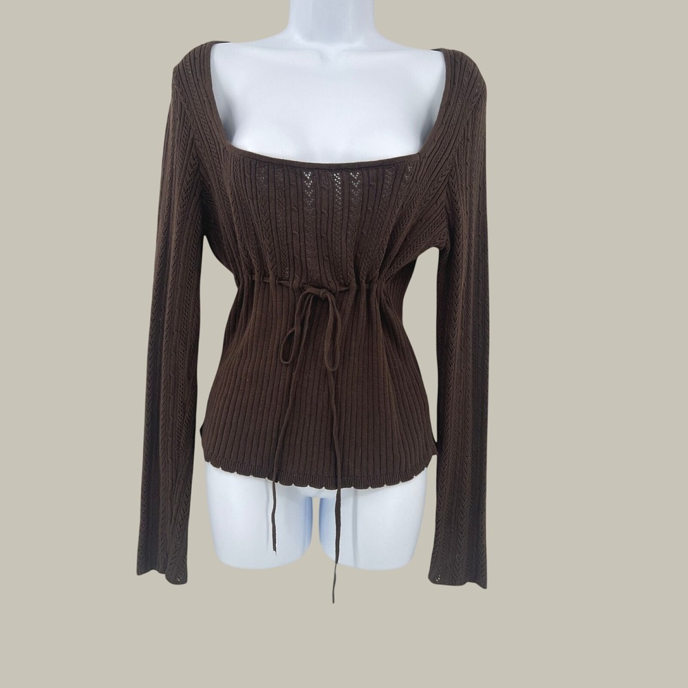 Aeropostale Size L Y2K Brown Pointelle Knit Square Neck Drawstring Top New